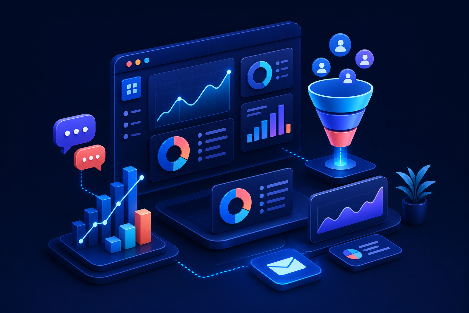 Marketing automation and analytics illustration for B First Marketing Home V2 footer