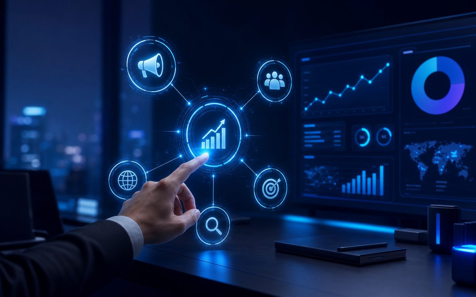 B First Marketing command center with digital strategy dashboard and holographic marketing nodes
