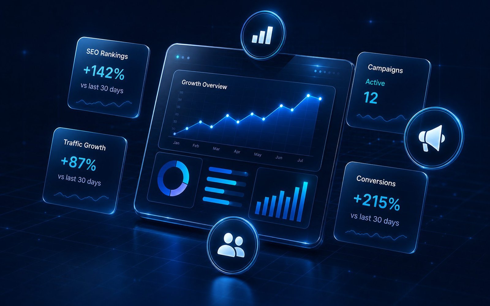 B First Marketing digital growth dashboard with floating analytics cards and campaign planning icons